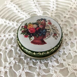 Trinket Pill box round vintage metal floral bird